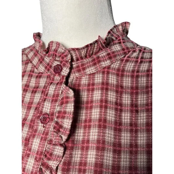 NEW Hem & Thread Womens M Plaid Shirtdress Ruffle Pink White Botton Long Sleeve - Picture 12 of 15